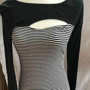 Guess Long Sleeved Black and White Striped Dress With Front Cut Out
